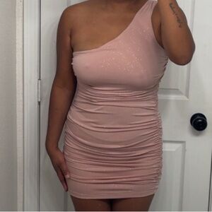 Paper Doll one shoulder mini dress size medium pink with gold shimmer